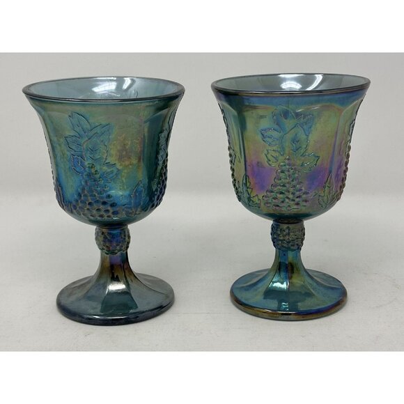 2 INDIANA GLASS CONTEMPORARY CARNIVAL HARVEST GRAPE Goblets Iridescent Blue 0176 - Picture 4 of 9